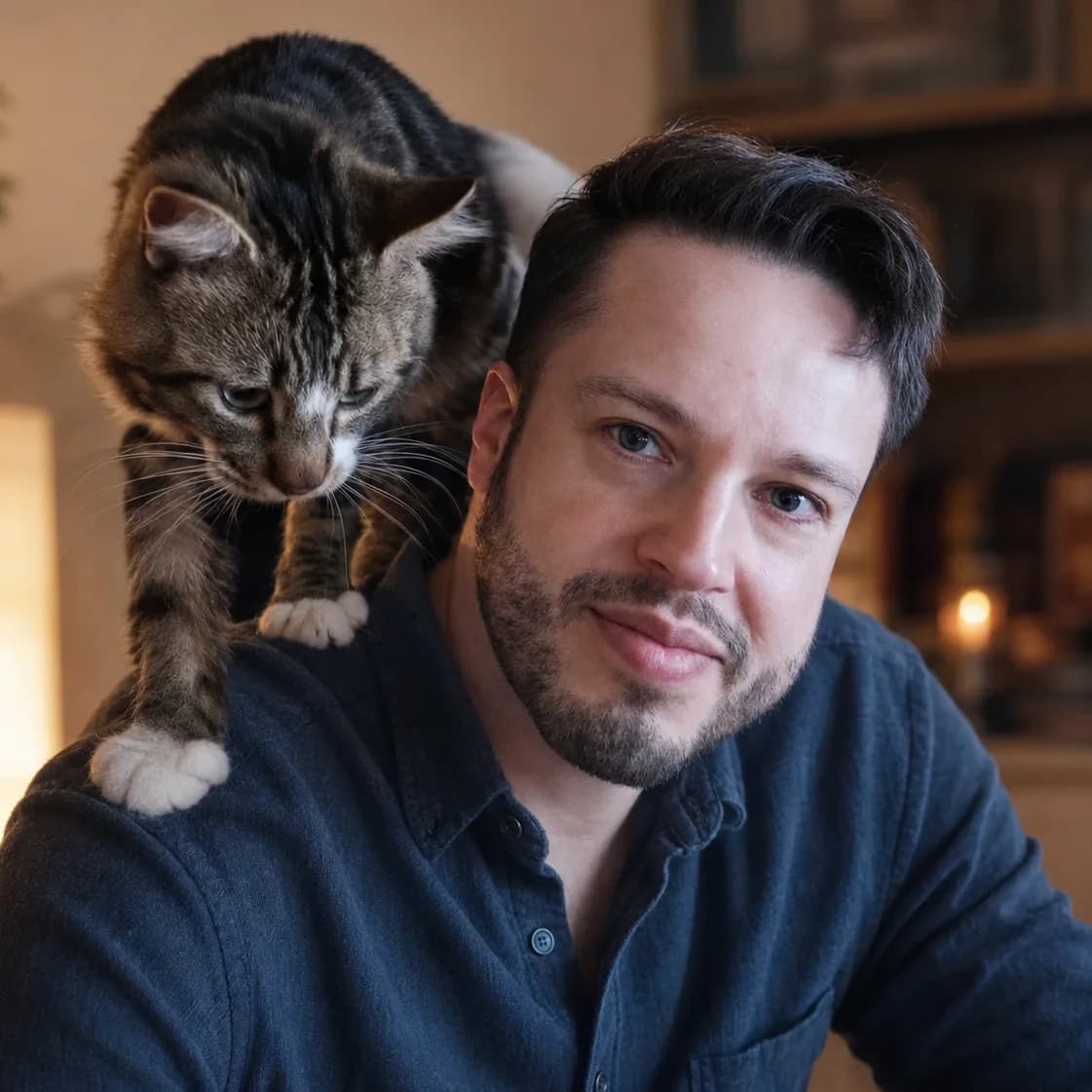 Dan Lopez at home, smiling, with his tabby cat perched on his shoulder.